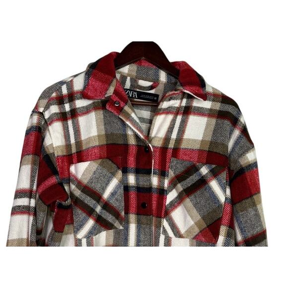 ZARA Cropped Oversized Plaid Shacket Jacket Button Down Pockets XS Red White - Picture 3 of 15